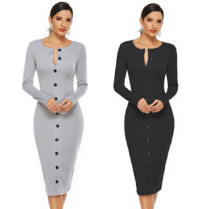 Round-Neck-Open-Button Long-Sleeved-Fashion Slim-Slimming-Dress